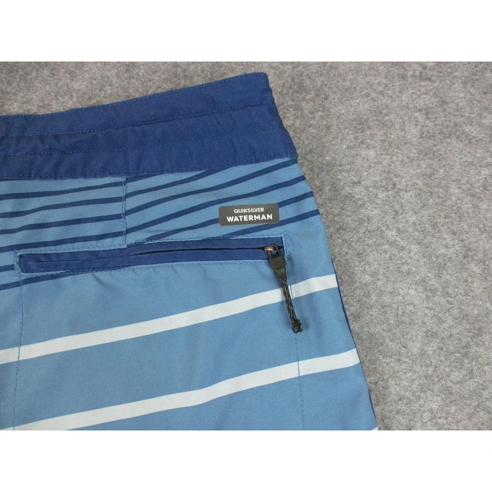 Quiksilver Board Shorts Mens 34 Blue Striped Waterman Swim Trunks Bathing Suit